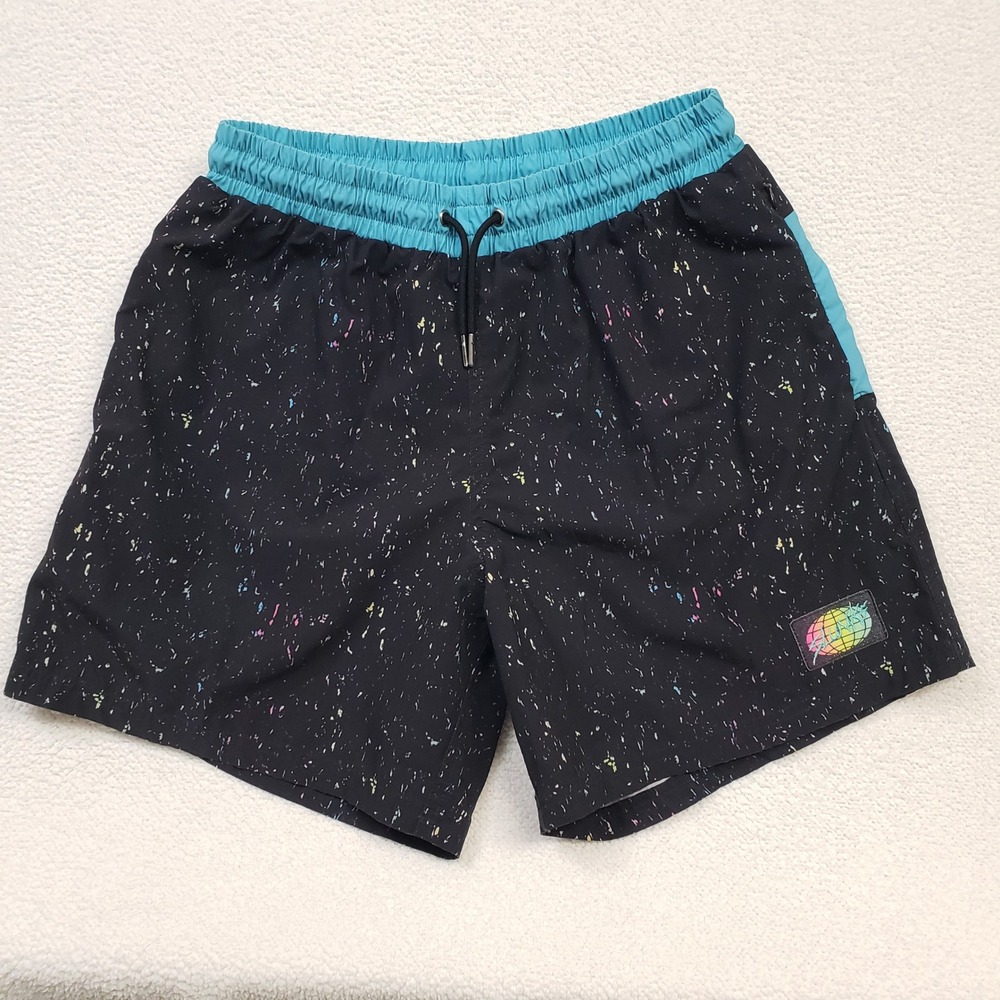 Slunks Swim Trunks Men Large Black Turquoise Lined Paint Splatter Retro 80s Rad
